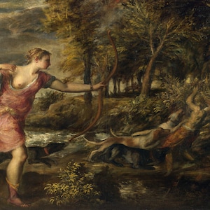 Titian: The Death of Actaeon. Fine Art Print/Poster. (001956)