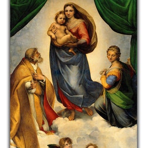 May include: A Renaissance painting depicting the Madonna and Child with two angels and two saints. The Madonna is holding the Christ child in her arms, while Saint Francis kneels on the left and Saint Anthony of Padua kneels on the right. The painting is set against a backdrop of clouds and a green curtain.