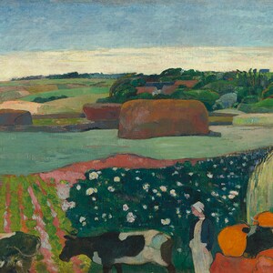 May include: A painting of a rural landscape with hay bales, cows, and a field of white flowers. The sky is blue and the grass is green. The painting is done in a style that is reminiscent of Post-Impressionism.
