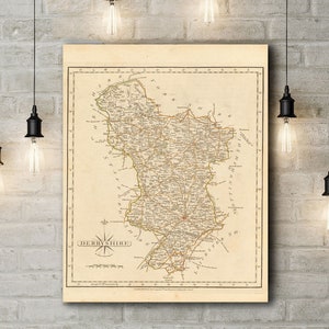 Gravure sur toile d’une carte du Derbyshire, Angleterre 1793. Carte de repro de style vintage / antique