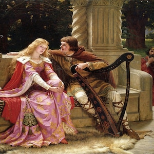 Op de afbeelding: Een schilderij van een man die harp speelt voor een vrouw in een middeleeuwse setting. De man draagt een bruine tuniek en een witte broek, terwijl de vrouw een roze jurk met een rode mantel draagt. De scène speelt zich af in een tuin met stenen pilaren en groen.