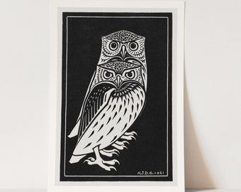 Premium Giclée Print of Two owls by Julie de Graag. Modern Bird Print.