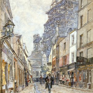 Frédéric Houbron: Rue du Chevalier-de-la-Barre, with the Sacré-Coeur under construction (1899). Fine Art Print/Poster.