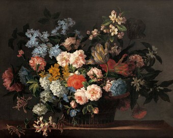 Jean-Baptiste Monnoyer : Nature morte avec panier de fleurs. Fine Art Print/Poster (004523)