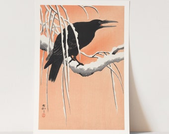 Premium Giclée Print of Crow on snowy branch by Ohara Koson. Beautiful Bird Print.
