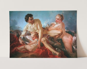 May include: A painting depicting a group of three figures, two adults and a child, in a classical style. The figures are nude and are posed in a relaxed and intimate setting. The painting is set against a backdrop of a blue sky with clouds. The figures are surrounded by a red drapery and a white bird.