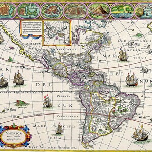 Willem Blaeu: Mapa das Américas. Mapa antigo/vintage do século XVII. Impressão/pôster de belas artes (003870)
