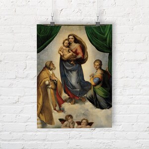 May include: A Renaissance-style painting depicting the Madonna and Child with two angels and two saints. The Madonna is wearing a blue robe and holding the Christ child. The saints are standing on either side of the Madonna and Child, and the angels are flying above them.