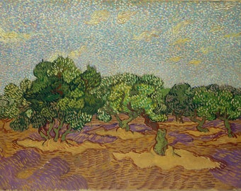 May include: A painting of a landscape with olive trees in the foreground and a blue sky with clouds in the background. The trees are painted in a thick, impasto style, with visible brushstrokes. The sky is painted in a more delicate style, with a lighter blue color.