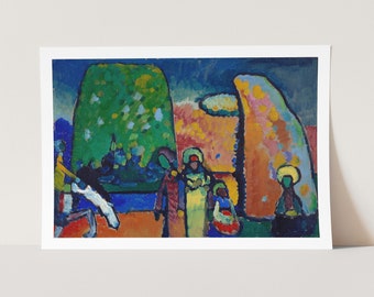 May include: An abstract painting with a green, blue, and yellow color scheme. The painting features a group of figures standing in front of a large green tree and a yellow and orange structure.