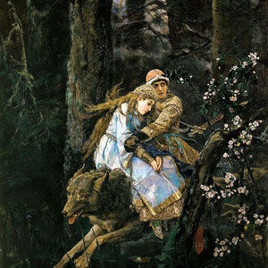 May include: A painting of a couple riding a wolf through a dark forest. The woman is wearing a blue dress and the man is wearing a brown and gold outfit. The wolf is running through a stream of water. The background is a dark forest with trees and flowers.
