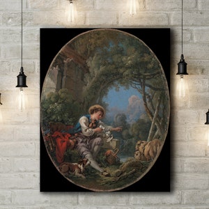 May include: A painting of a young person sitting in a forest setting, holding a bird in their hand. The person is wearing a blue and white shirt and brown pants. There are two dogs and a basket in the scene.