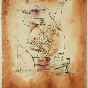 Könnte beinhalten: Eine Schwarzweißzeichnung einer stilisierten Figur mit einem floralen Muster auf dem Rücken. Die Figur streckt sich nach einer Traube roter Beeren. Die Zeichnung befindet sich auf einem braunen Hintergrund mit dem Text "Das Pathos der Fruchtherbst" unten.