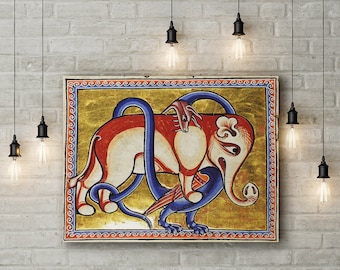 May include: A vintage-style painting of a red and white elephant being wrapped by a blue snake. The painting is framed in a white frame with a gold background and a decorative border.