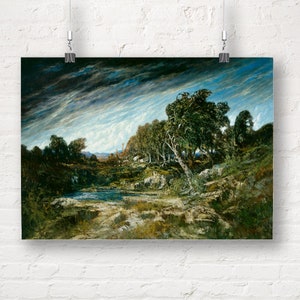 May include: A painting depicting a landscape with a river, trees, and a cloudy sky. The trees are in the foreground and are mostly green, with some brown branches. The river is in the middle ground and is a light blue color. The sky is in the background and is a dark gray color with some white clouds.