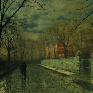 John Atkinson Grimshaw: Figuren in een maanverlichte laan na regen. Fine Art Print / Poster.