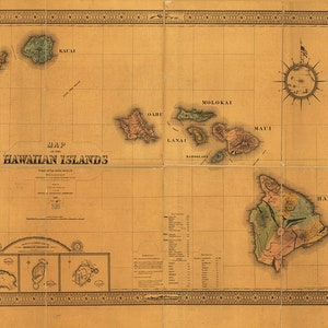May include: An antique map of the Hawaiian Islands, printed on a beige background with a grid pattern. The map shows the islands of Kauai, Oahu, Molokai, Maui, and Hawaii. The map is titled "Map of the Hawaiian Islands" and includes a compass rose and a legend.