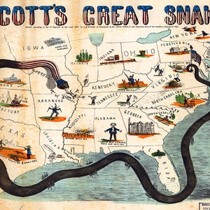 Scotts große Schlange. Cartoon-Karte, die Gen. Winfield Scotts Anaconda-Plan 1861 illustriert. Print/Poster