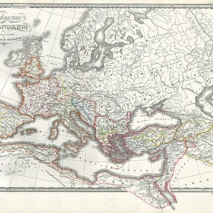 1850 Carte de l'Empire romain comme divisé en Orient et en Occident (Rome antique). Carte antique/vintage. Fine Art Print/Poster. (004184)