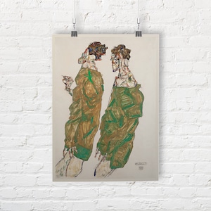 May include: A painting of two people standing side-by-side. They are both wearing green and brown jackets. The person on the left is holding a cigarette. The painting is by Egon Schiele.