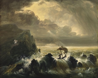 May include: A dramatic painting depicting a stormy seascape with a small boat and a figure struggling against the waves. The sky is dark and stormy, with a ray of light breaking through the clouds. The sea is rough and choppy, with waves crashing against the rocks. The painting is a powerful depiction of the forces of nature.