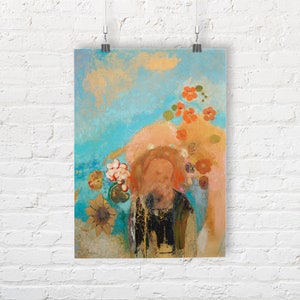 May include: A painting of a person with a beard, surrounded by flowers and a blue sky. The person is wearing a dark robe and has a golden halo around their head. The flowers are in shades of pink, red, and white.