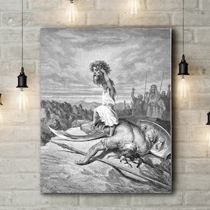 Premium Canvas Art Print of David Slays Goliath From Gustave Dore English Bible 1866