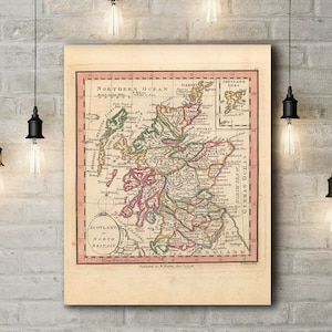 Impression sur toile premium d’une carte de l’Écosse, ou de la Grande-Bretagne du Nord, 1798. Reproduction de cartes anciennes de style vintage / antique