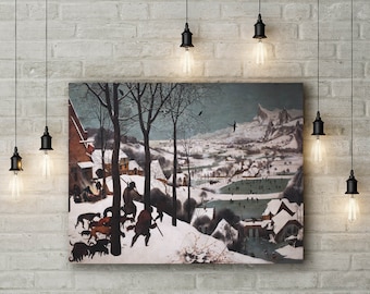 May include: A painting depicting a snowy winter scene with figures walking through a village. The painting is framed and hanging on a white brick wall with black pendant lights.