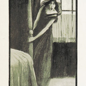 May include: A black and white illustration of a woman in a long dress, clutching a bedpost with a terrified expression on her face. The caption reads "She clung to the bedpost with her claw-like hands."