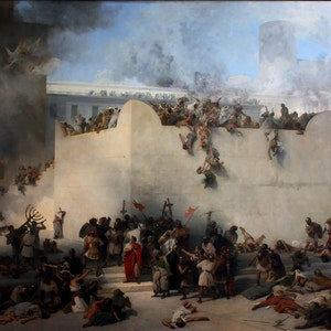 May include: A historical painting depicting a chaotic scene of a siege. Figures are climbing walls, with smoke and fire in the background. The artwork features a large building with columns and a crowd of people.