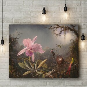 Canvas Art Print of Martin Johnson Heade: Cattleya Orchid and Three Hummingbirds. Large Size (30 x 20 Inches)