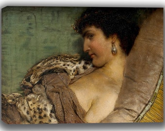 May include: A painting of a woman with dark hair and a leopard skin shawl. She is wearing a pearl earring and has a pensive expression on her face.