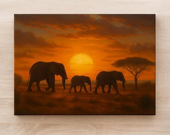 May include: Canvas art print depicting three elephants walking across a savanna at sunset. The artwork features a warm color palette of oranges and browns, with a large sun and a silhouetted tree.