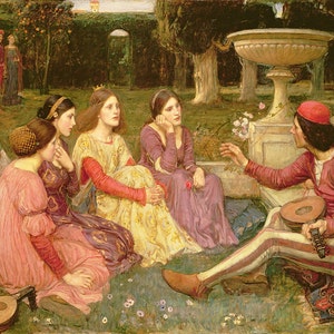 Può includere: Un dipinto che raffigura un gruppo di donne che ascoltano un uomo suonare il liuto. Le donne sono vestite con abiti colorati e sono sedute in un giardino. L'uomo indossa un cappello rosso e una camicia a righe rosse e bianche. Il dipinto è ambientato sullo sfondo di una vegetazione lussureggiante e di una fontana di pietra.
