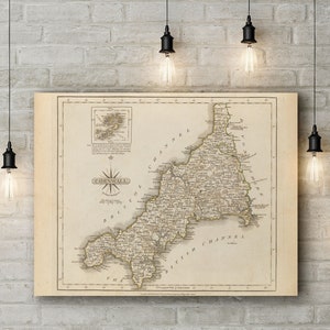 Gravure sur toile d’une carte de Cornouailles, Angleterre 1793. Grande toile (30 x 20 pouces)