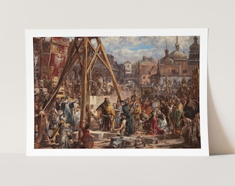 May include: A painting depicting a large crowd gathered in a city square. The scene is dominated by a wooden structure, possibly a scaffold, with a group of people standing on a platform. The painting is filled with rich colors and details, capturing the energy and movement of the crowd.