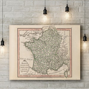 Gravure sur toile d’une carte de France divisée en cent quatre départements, 1798. Grande toile (30 x 20 pouces)