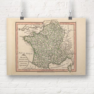 Carte de France divisée en cent quatre départements, 1798. vintage / Antique Style Old Map Repro Impression / Affiche