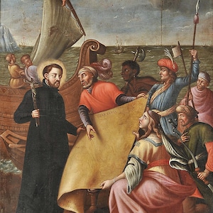 Der heilige Franz Xaver inspiziert die Karte zu seinen Missionen. Fine Art Print/Poster