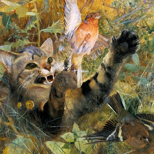 Bruno Liljefors: A Cat and a Chaffinch. Fine Art Print/Poster (5416)