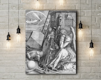May include: A black and white engraving of an angel with wings, sitting on a stone block. The angel is wearing a long robe and has a crown of leaves on her head. The engraving is titled "Melencolia I" and includes other symbolic objects, such as a compass, a scale, and a polyhedron.