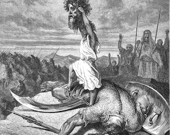 David Slays Goliath from Gustave Dore English Bible 1866. Fine Art Print/Poster. (4928)