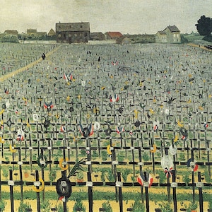 Op de afbeelding: Een schilderij dat een groot veld met witte kruisen toont, elk versierd met een kleine vlag. De kruisen zijn in rijen gerangschikt, wat een somber en repetitief patroon creëert. Het schilderij is een krachtige herinnering aan de offers die tijdens de oorlog zijn gebracht.