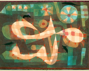 May include: Abstract watercolour painting with a green, brown, and orange colour scheme. The painting features a large, curved, orange and white shape with red spikes. There are several small black mice throughout the painting.