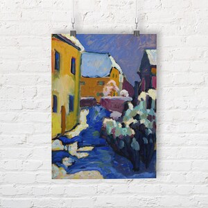 May include: A painting depicting a snowy village scene with a yellow building in the foreground and a blue sky in the background.