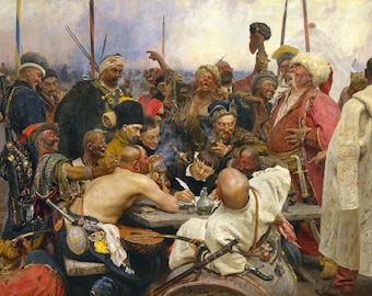 Ilya Repin: The Zaporozhian Cossacks Replying to the Sultan of Turkey. Fine Art Print/Poster (5140)