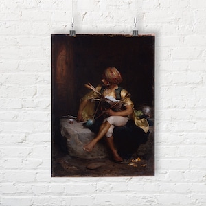 Op de afbeelding: Een schilderij van een man met een tulband die op een stenen rand zit. Hij houdt een pijp en een klein voorwerp in zijn hand. Het schilderij is geschilderd in een donkere, gedempte kleurenpalet.