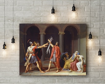 May include: A painting depicting a dramatic scene with a group of people in a Roman setting. A man in red robes holds a sword aloft, while another man in armor reaches out to him. The scene is filled with tension and emotion, with the figures arranged in a dynamic composition.