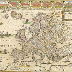 Willem Blaeu: Kaart van Europa. Antiek/Vintage 17e eeuwse kaart. Fine Art Print/Poster (003869)